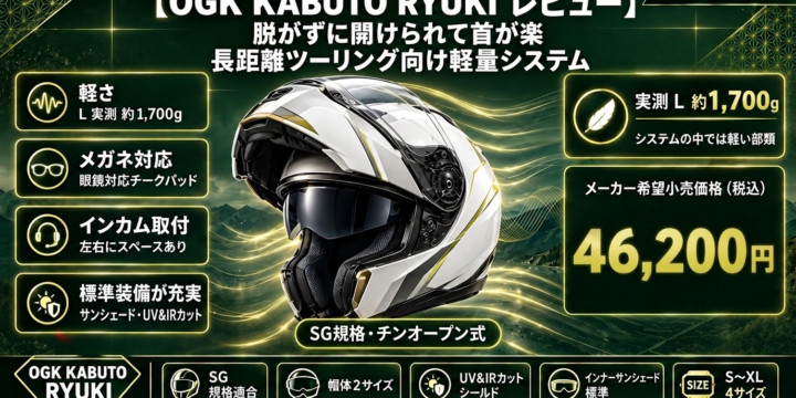 【OGK KABUTO RYUKI レビュー】長距離ツーリングに｜脱がずに開けられて首が楽な軽量システム（実測約1,700g・L）