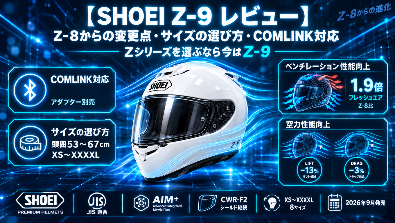 SHOEI Z-9 レビュー｜Z-8からの変更点・静音性・COMLINK対応・サイズ