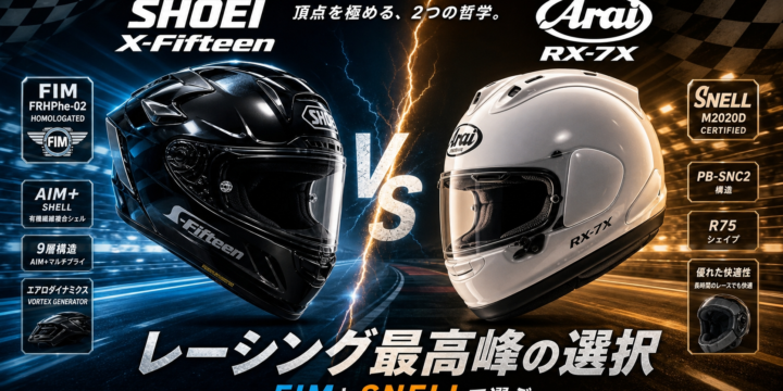 【SHOEI X-Fifteen vs Arai RX-7X 比較】レーシング最高峰、FIMとSNELLで選ぶ