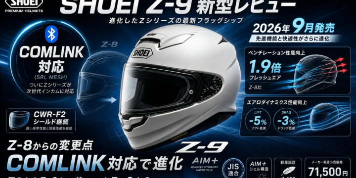 【SHOEI Z-9 レビュー】2026年9月発売の新型フルフェイス｜Z-8からの変更点・価格・COMLINK対応を解説