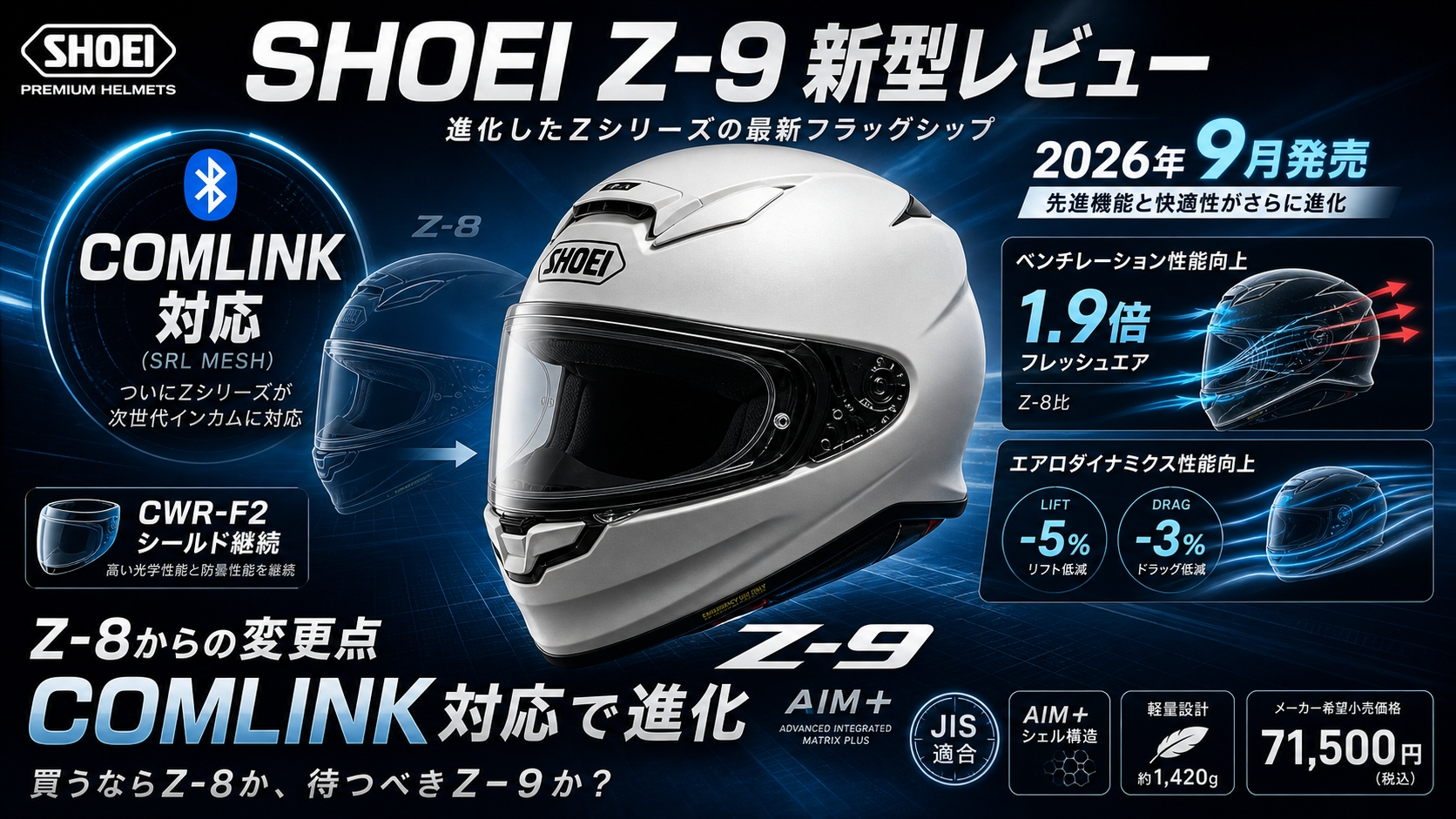 【SHOEI Z-9 レビュー】2026年9月発売の新型フルフェイス｜Z-8からの変更点・価格・COMLINK対応を解説