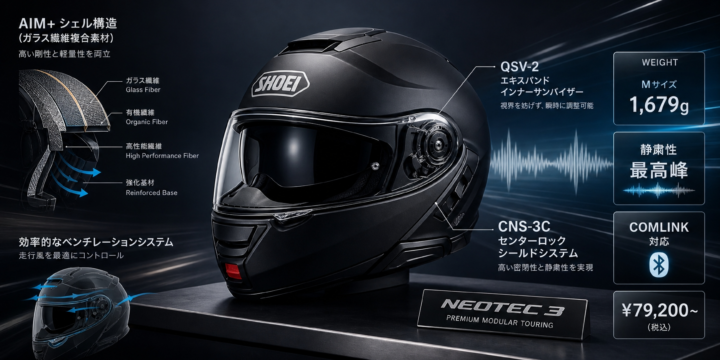 【SHOEI NEOTEC 3 評判・レビュー】静粛性・重量・価格を公式スペックと口コミで徹底解説
