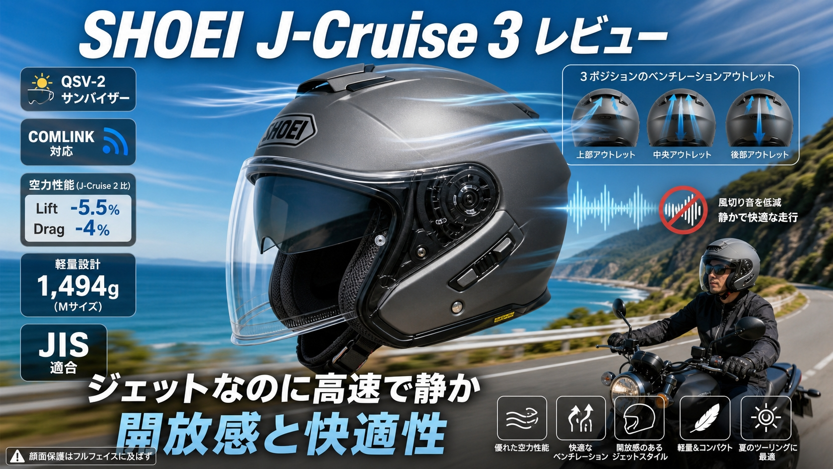 【SHOEI J-Cruise 3 レビュー】高速でも静かなスポーツジェット｜評判・重量・装備を解説