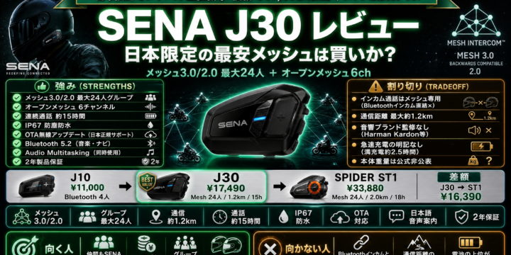 【SENA J30 レビュー】日本限定の最安メッシュは買いか｜SPIDER ST1との違いと評判を公式スペックで解説