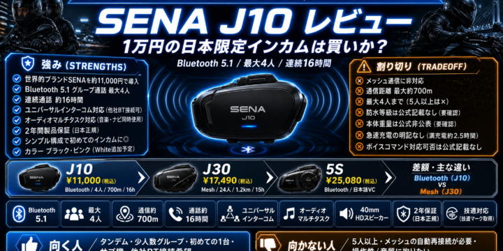 【SENA J10 レビュー】1万円の日本限定インカムは買いか｜J30との違いと評判を公式スペックで解説