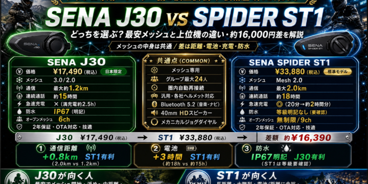 【SENA J30 vs SPIDER ST1 比較】どっちを選ぶ？最安メッシュと上位機の違い・約16,000円差を解説