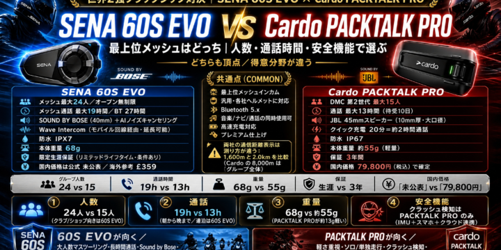 【SENA 60S EVO vs Cardo PACKTALK PRO 比較】最上位メッシュはどっち｜人数・通話時間・安全機能で選ぶ