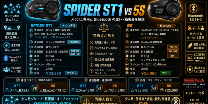 【SENA SPIDER ST1 vs 5S 比較】どっちを選ぶ？メッシュ専用と Bluetooth の違い・価格差を解説