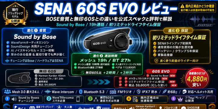 【SENA 60S EVO レビュー】BOSE 音質と無印60Sとの違いを公式スペックと評判で解説