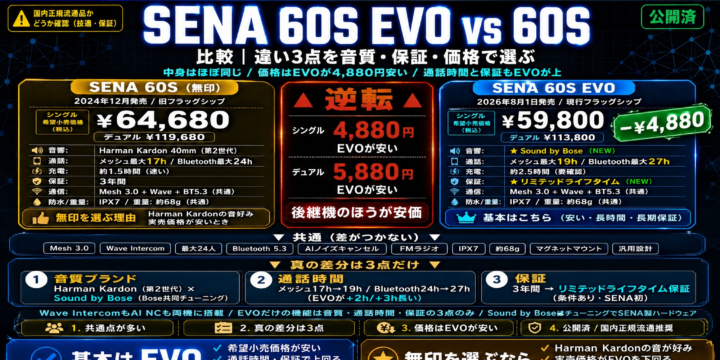 【SENA 60S EVO レビュー】BOSE 音質と無印60Sとの違いを公式スペックと評判で解説