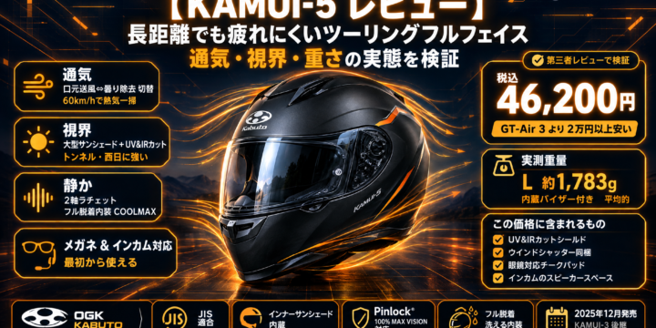 【KAMUI-5 レビュー】長距離でも疲れにくいツーリングフルフェイス｜通気・視界・重さの実態を検証