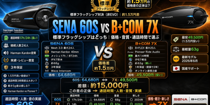 【SENA 60S vs B+COM 7X 比較】標準フラッグシップはどっち｜価格・音質・通話時間で選ぶ