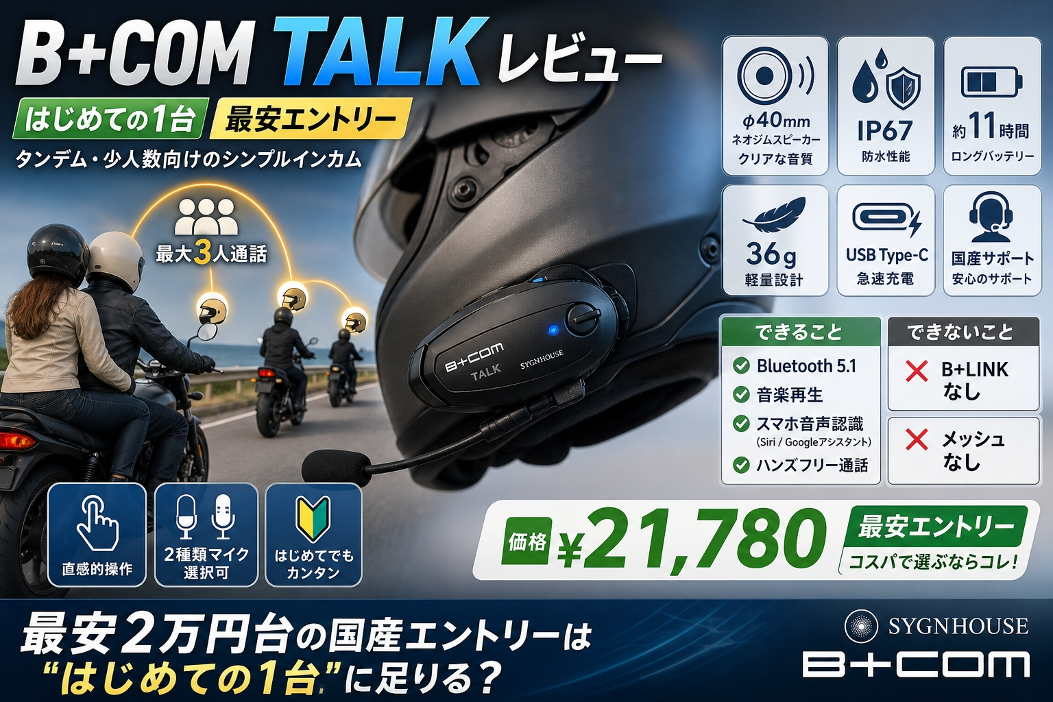 【B+COM TALK レビュー】最安2万円台の国産エントリーは"はじめての1台"に足りる？音質・評判・デメリットを公式スペックで解説