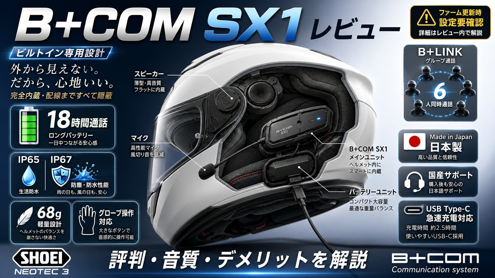 【B+COM SX1 レビュー】SHOEI 専用ビルトインインカムの評判・音質・デメリットを公式スペックと口コミで解説
