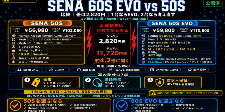 【SENA 60S EVO vs 50S 比較】差は2,820円｜1台なら EVO、2台なら考え直す