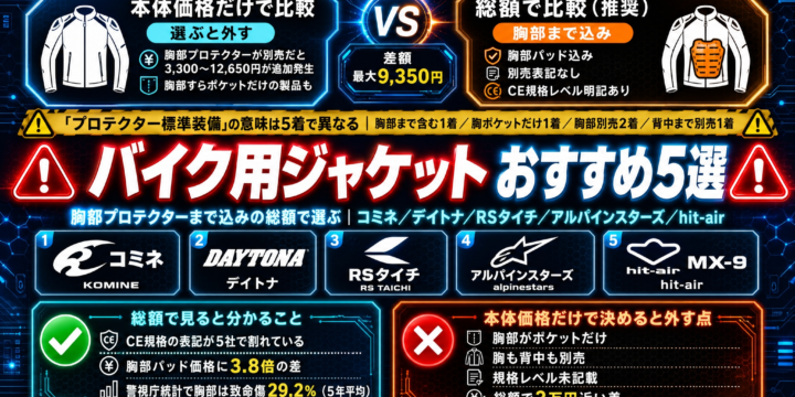 バイク用ジャケット おすすめ5選｜胸部プロテクターまで込みの総額で選ぶ
