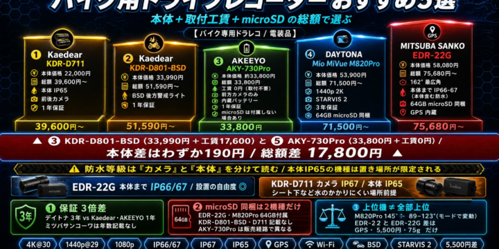 バイク用ドライブレコーダー おすすめ5選｜本体＋工賃の総額で選ぶ