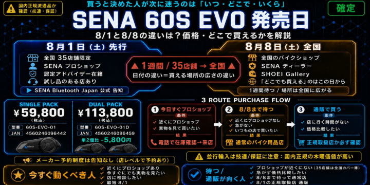 【SENA 60S EVO 発売日】8/1と8/8の違いは？価格・どこで買えるかを解説