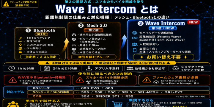 【SENA Wave Intercom とは】距離無制限の仕組みと対応機種｜メッシュ・Bluetooth との違い