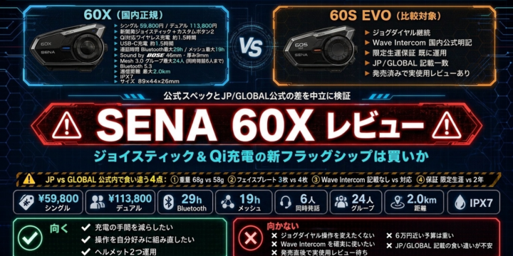 【SENA 60X レビュー】置くだけ充電とジョイスティックで「ツーリングの面倒」を減らす新フラッグシップ｜価格・保証・注意点を検証