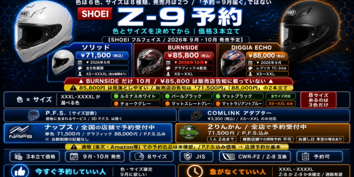 【SHOEI Z-9 予約】色とサイズを決めてから｜価格3本立て・発売は9月と10月に分かれる