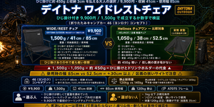 【デイトナ ワイドレストチェア】ひじ掛け付き9,900円｜バイク積載で成立するか数字で検証