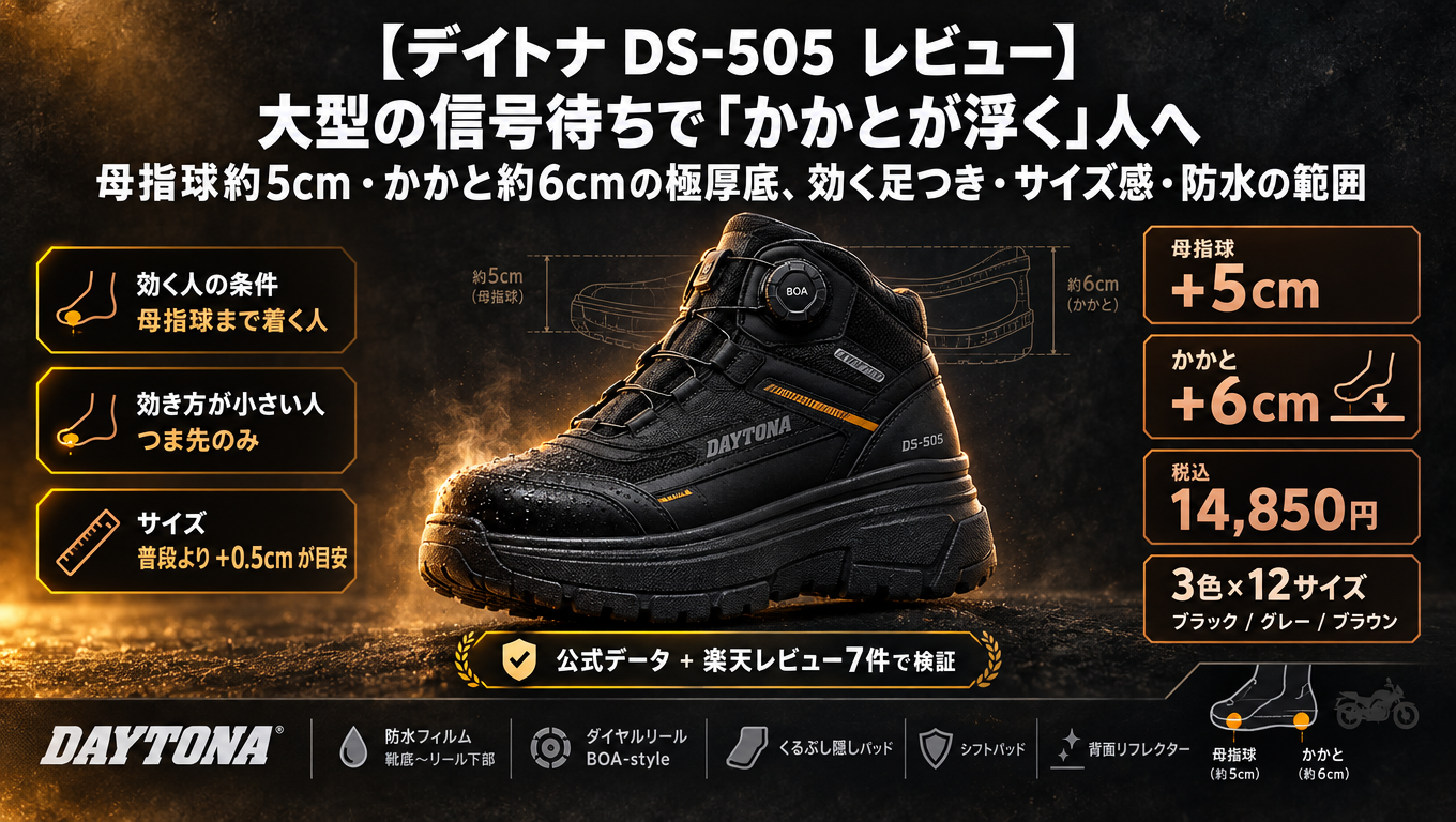 【デイトナ DS-505 レビュー】大型の信号待ちで「かかとが浮く」人へ|母指球約5cm・かかと約6cmの極厚底、効く足つき・サイズ感・防水の範囲