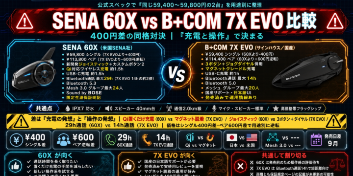 【SENA 60X vs B+COM 7X EVO 比較】400円差の同格対決は「充電と操作」で決まる