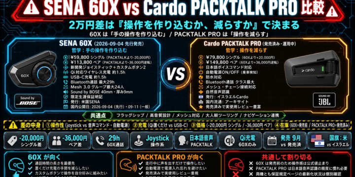 【SENA 60X vs Cardo PACKTALK PRO 比較】2万円差は「操作を作り込むか、減らすか」で決まる