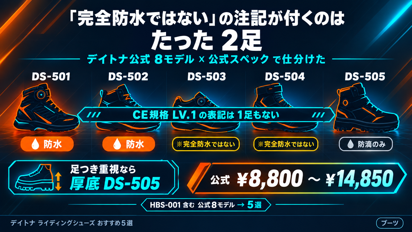 デイトナ ライディングシューズ おすすめ5選|「完全防水ではない」の注記が付くのは2足