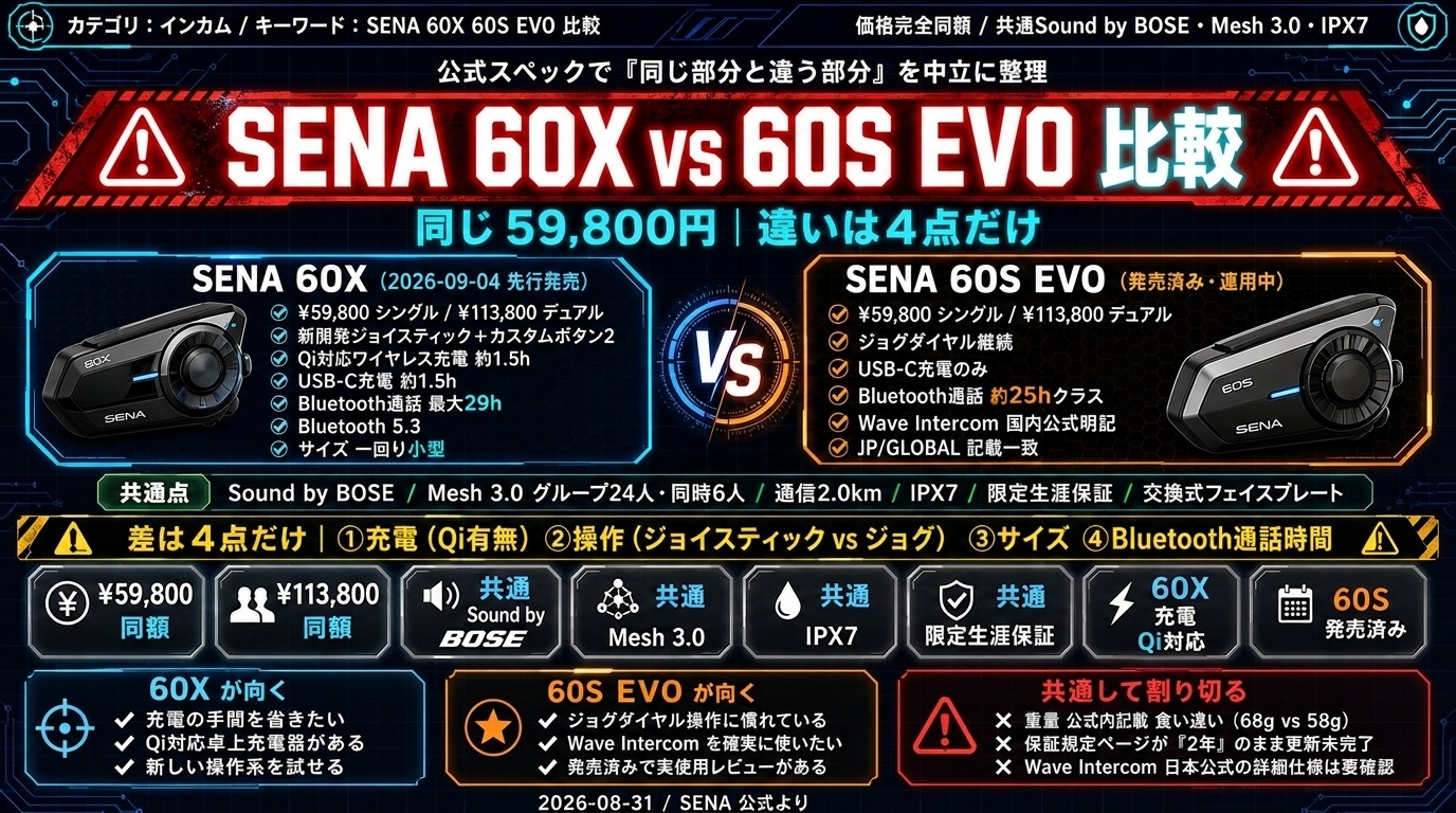 【SENA 60X vs 60S EVO 比較】同じ59,800円、違いは4点だけ
