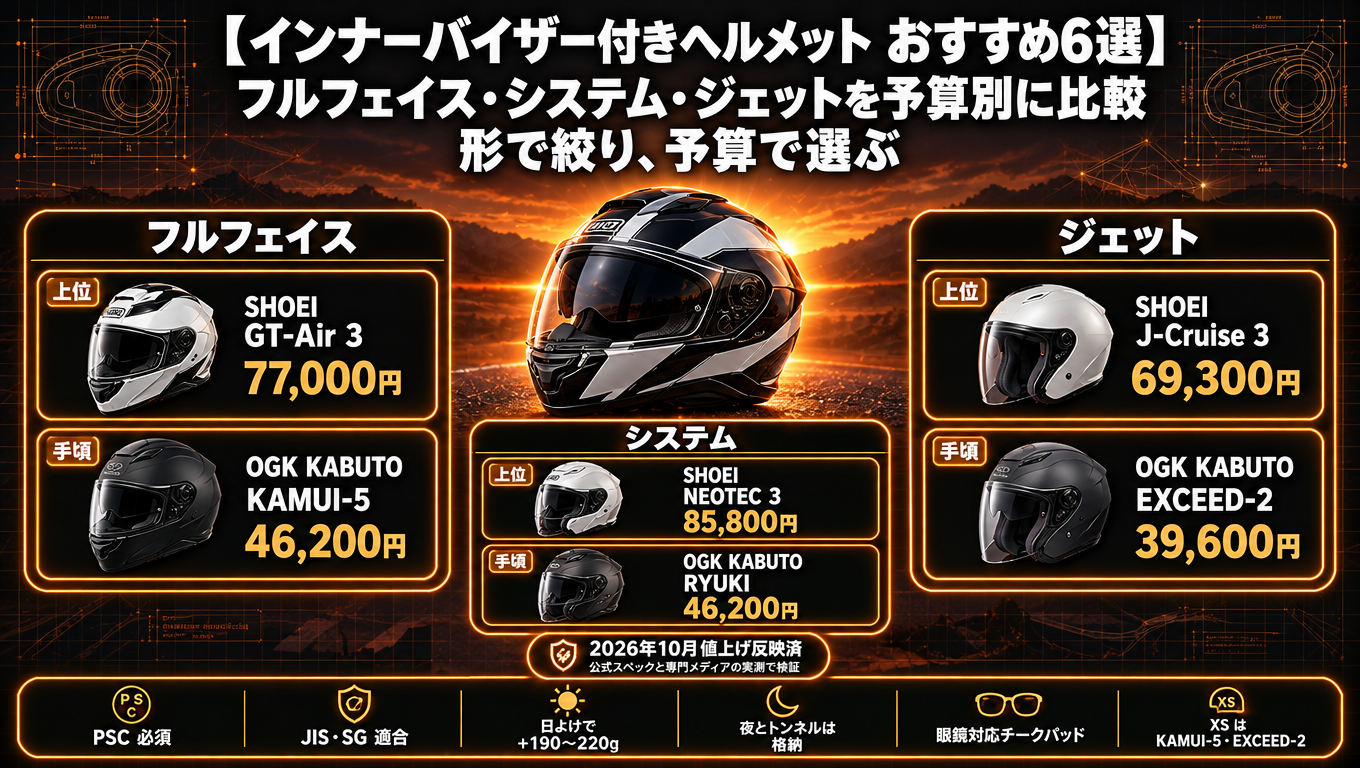 インナーバイザー付きヘルメット おすすめ6選|フルフェイス・システム・ジェットを予算別に比較